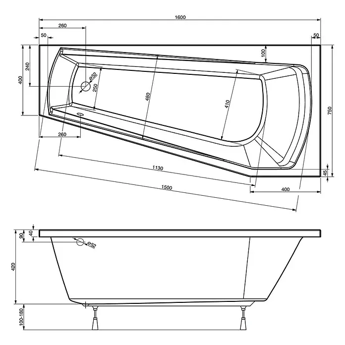 Ottofond Badewanne Bari Mod. A - Rechtsseitig, 160 x 75 cm, Sanitäracryl, Weiß - Ansicht von oben