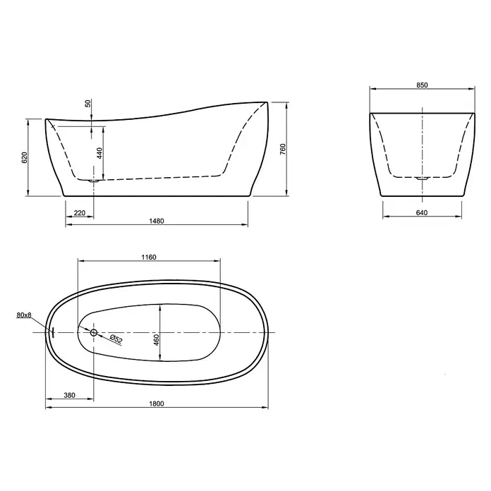 Ottofond Freistehende Badewanne Domani - 180 x 85 cm, Sanitäracryl, Rot/Weiß - Ansicht von oben