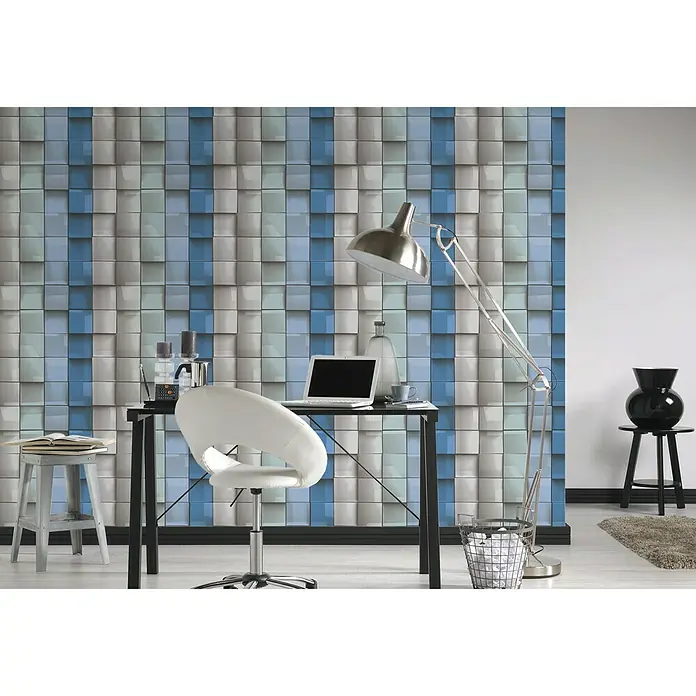 AS Creation Flis tapeta Move Your Wall - Plava-siva-zelena, Grafika, Staklene cigle, 10,05 x 0,53 m - Živopisni prikaz