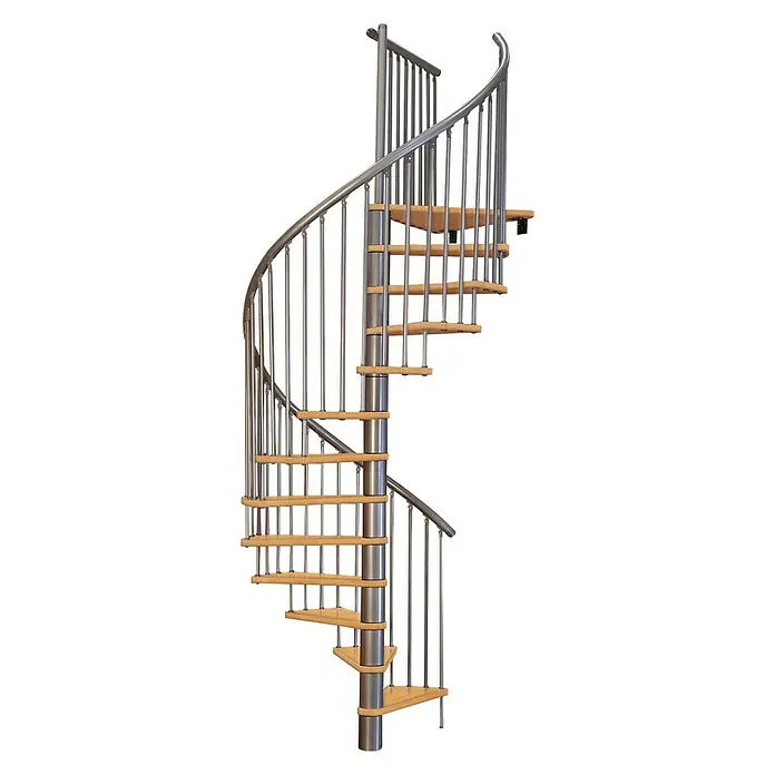 Minka Spindeltreppe Spiral Effect - Durchmesser: 140 cm, Silber, Farbe Stufen: Buche Hell, Geschosshöhe: 309 cm - Vorderansicht