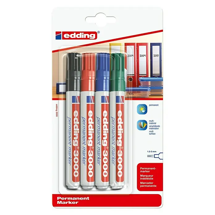 Edding Permanentmarker 3000 - Strichstärke: 1,5 mm - 3 mm, Schwarz/Rot/Blau/Grün, 4 -tlg. - Vorderansicht
