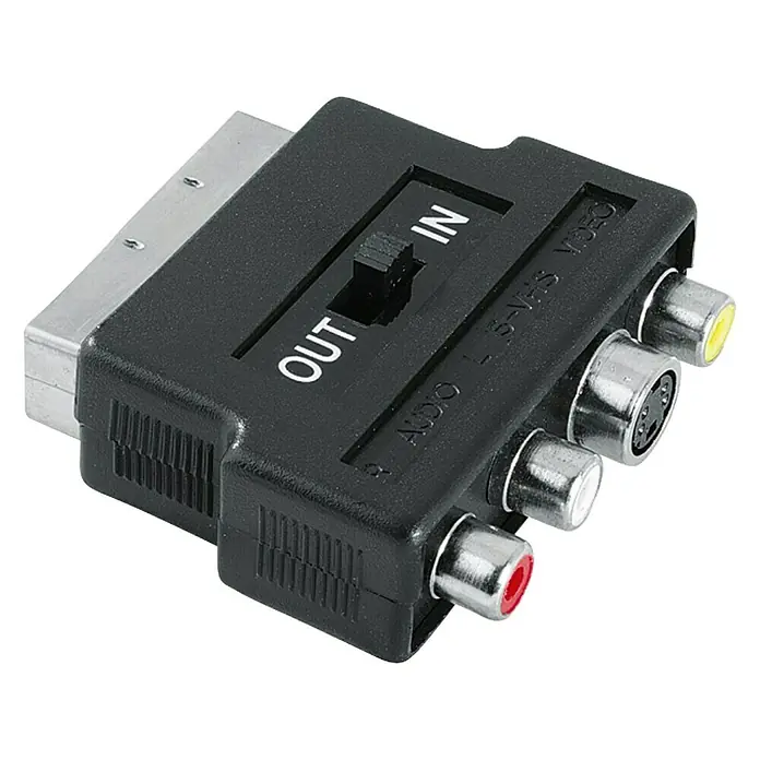 Hama Videoadapter - 3 x Cinch-Kupplung, 1 x Scart-Stecker, 1 x S-Video-Kupplung, IN/OUT-Schalter - Vorderansicht