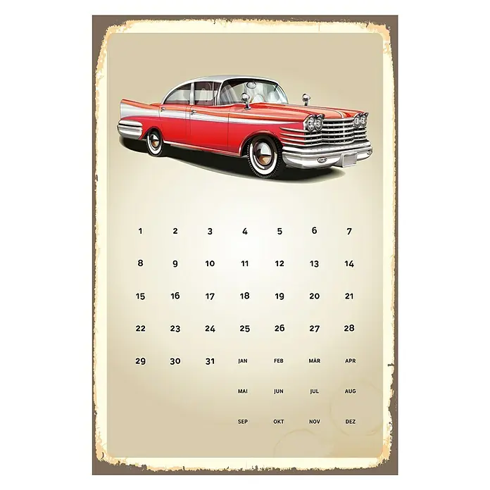 Blechschild Kalender - Antik/Vintage/Retro, 30 x 45 cm, Oldtimer - Vorderansicht