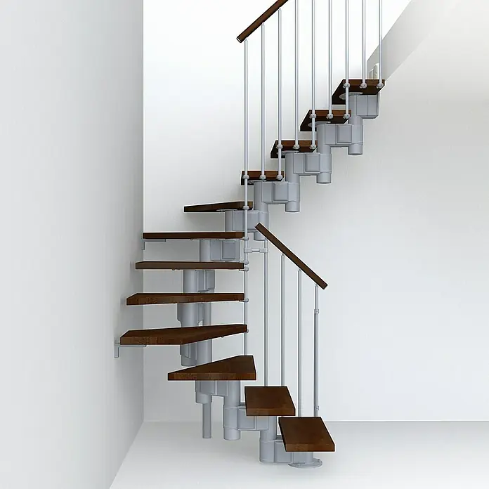 Fontanot Arké Mittelholmtreppe Kompact 74 - Breite: 74 cm, Grau Metallic, 2/4-gewendelt, Farbe Stufen: Buche Dunkel, Geschosshöhe: 191 cm - 303 cm