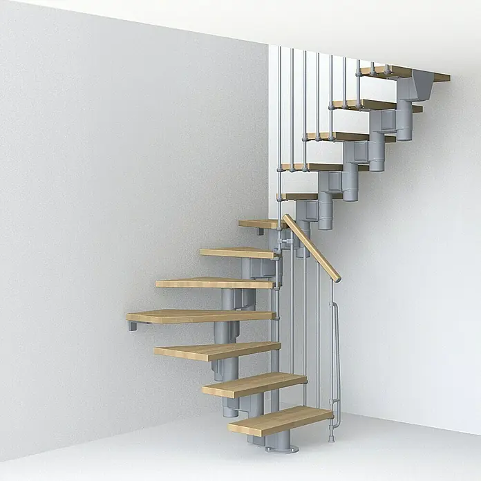Fontanot Arké Mittelholmtreppe Kompact 74 - Breite: 74 cm, Grau Metallic, 2/4-gewendelt, Farbe Stufen: Buche Hell, Geschosshöhe: 191 cm - 303 cm - Vorderansicht