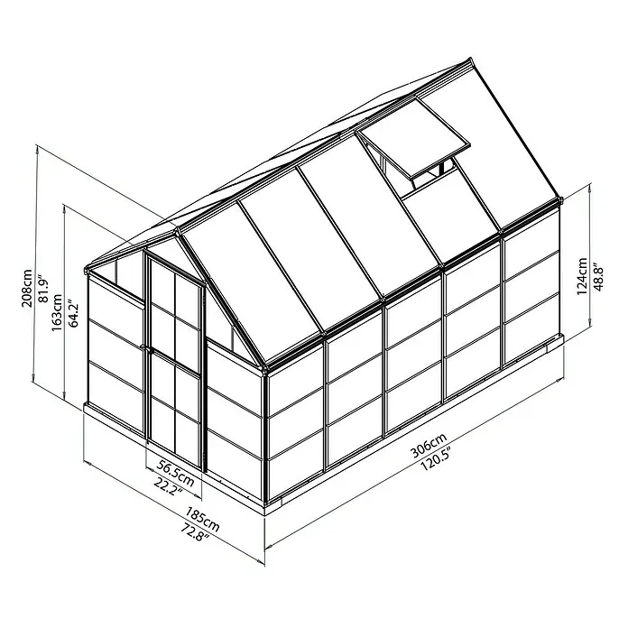 Palram – Canopia Staklenik Hybrid - 3,06 x 1,85 x 2,08 m, Polikarbonat, Debljina stakla bočne stijenke: 0,75 mm, Srebrne boje - Detaljan prikaz