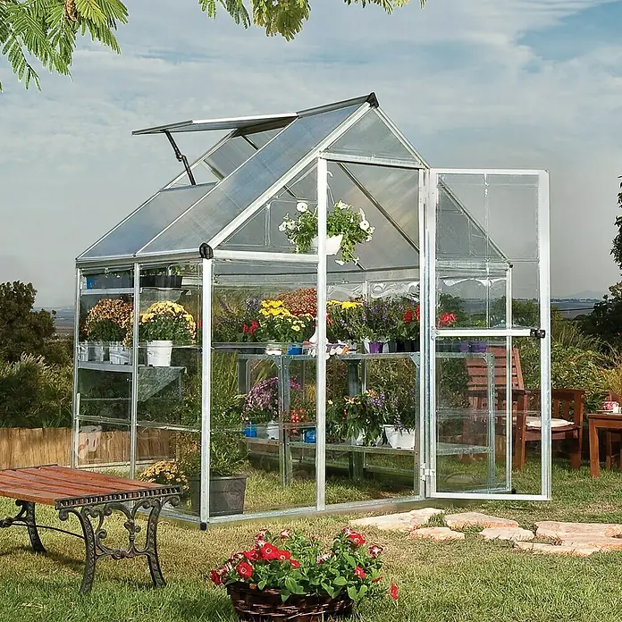 Palram – Canopia Gewächshaus Hybrid - 1,26 x 1,85 x 2,08 m, Polycarbonat, Glasstärke Seitenwände: 0,75 mm, Silber - Vorderansicht