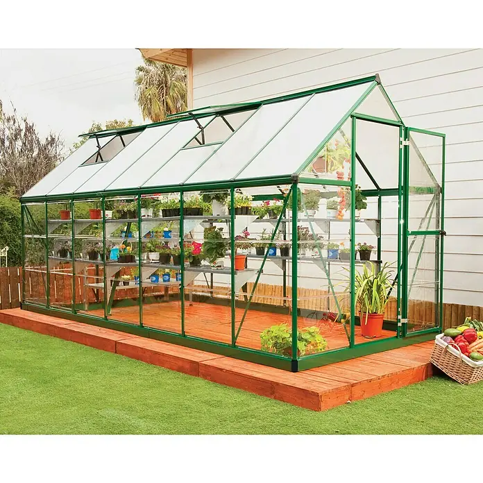 Palram – Canopia Gewächshaus Hybrid - 4,26 x 1,85 x 2,08 m, Polycarbonat, Glasstärke Seitenwände: 0,75 mm, Grün - Vorderansicht
