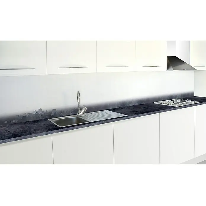 Resopal Küchenrückwand Fixmaß - Steel Bloom, 305 x 62 cm, Stärke: 15,4 mm, Holz - Stimmungsaufnahme