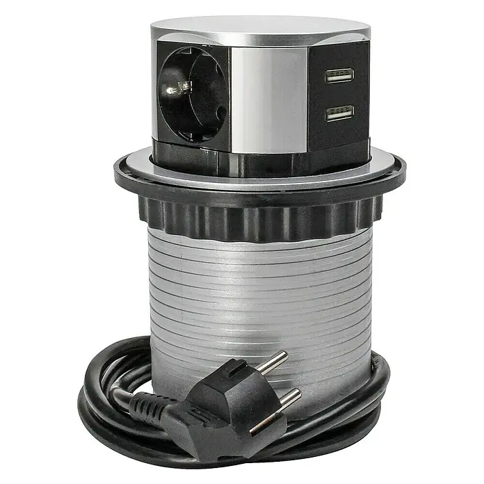 Ugradbeno podizna utičnica - Može se upustiti, 2 USB priključka, Plastika - Pogled sprijeda