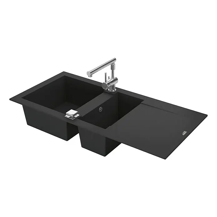 Carea Einbauspüle Dukkah - 105 x 50 cm, 1½ Becken, CAREAlith®, Schwarz - Rechte Seitenansicht