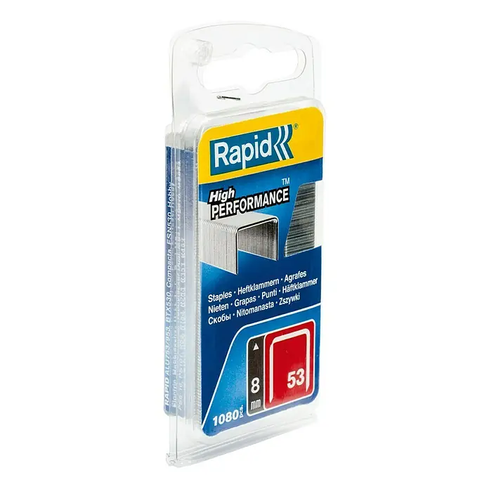Rapid Heftklammer High Performance 53/8 - Klammertiefe: 8 mm, Stahl, 1.080 Stk., Breite: 0,75 mm, Blisterpack - Linke Seitenansicht