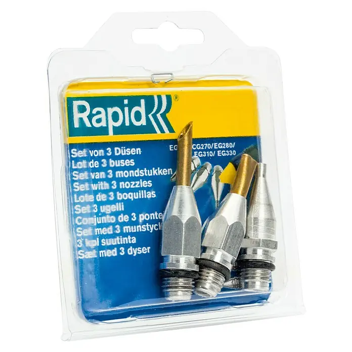 Rapid Set mlaznica - 3 -dij., Namijenjeno za: Rapid pištolji za vruće ljepilo, Rapid pištolj za vruće ljepilo EG250, Rapid pištolj za vruće ljepilo EG280, Rapid pištolj za vruće ljepilo EG310, Rapid pištolj za vruće ljepilo EG330, Rapid pištolj za vruće ljepilo CG270, Rapid pištolj za vruće ljepilo BGX300