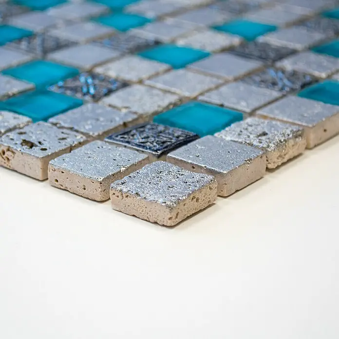 Mosaikfliese Quadrat Crystal Mix XCM CB 65 - 32,7 x 30,2 cm, Blau, Glänzend - Vorderansicht