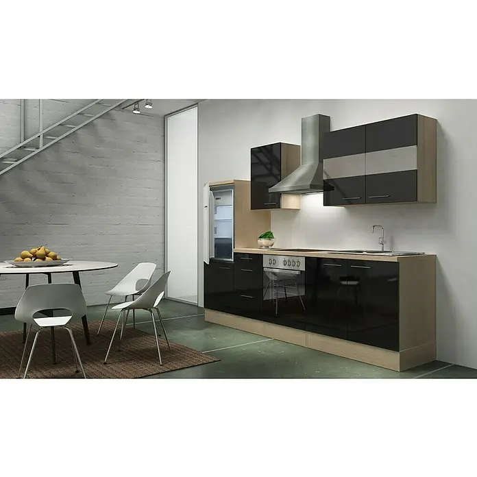 Respekta Küchenzeile Premium RP270ASC - L x B x H: 270 x 60 x 200 cm, Akazie-Nachbildung, Schwarz Hochglanz