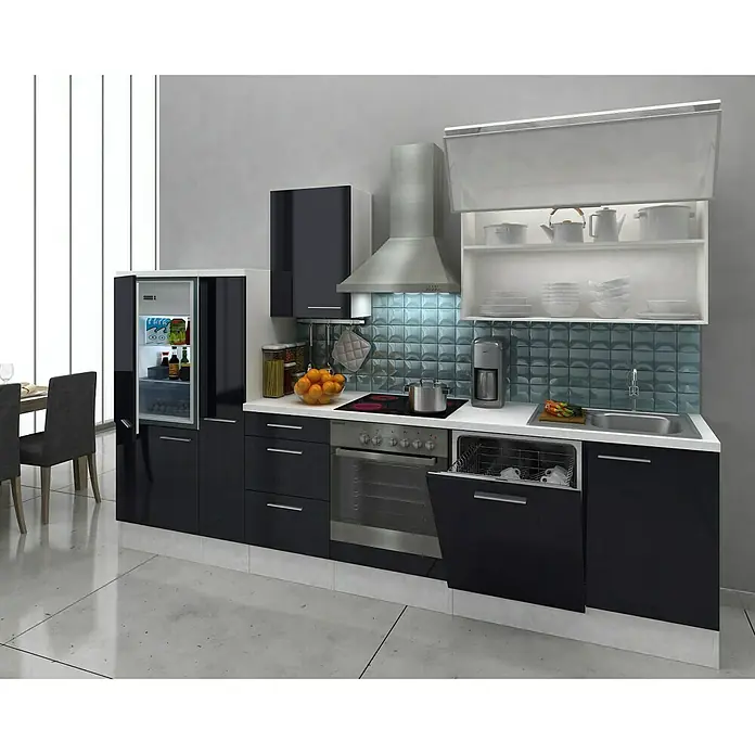 Respekta Küchenzeile Premium RP310WSC - L x B x H: 310 x 60 x 200 cm, Weiß, Schwarz Hochglanz