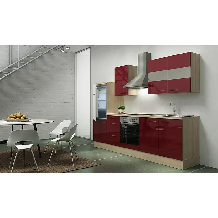 Respekta Küchenzeile Premium RP270ABOC - L x B x H: 270 x 60 x 200 cm, Akazie-Nachbildung, Bordeaux Hochglanz