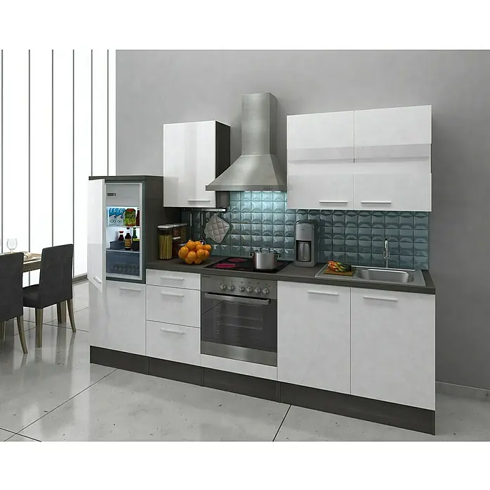 Respekta Küchenzeile Premium RP270EWC - L x B x H: 270 x 60 x 200 cm, Eiche Grau-Nachbildung, Weiß Hochglanz