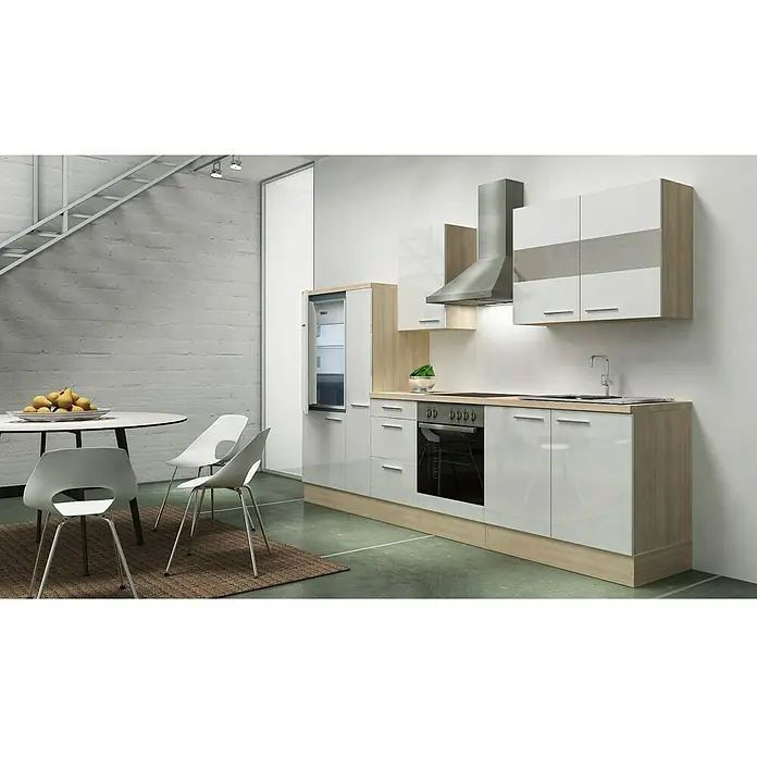 Respekta Küchenzeile Premium RP300AWC - L x B x H: 300 x 60 x 200 cm, Akazie-Nachbildung, Weiß Hochglanz