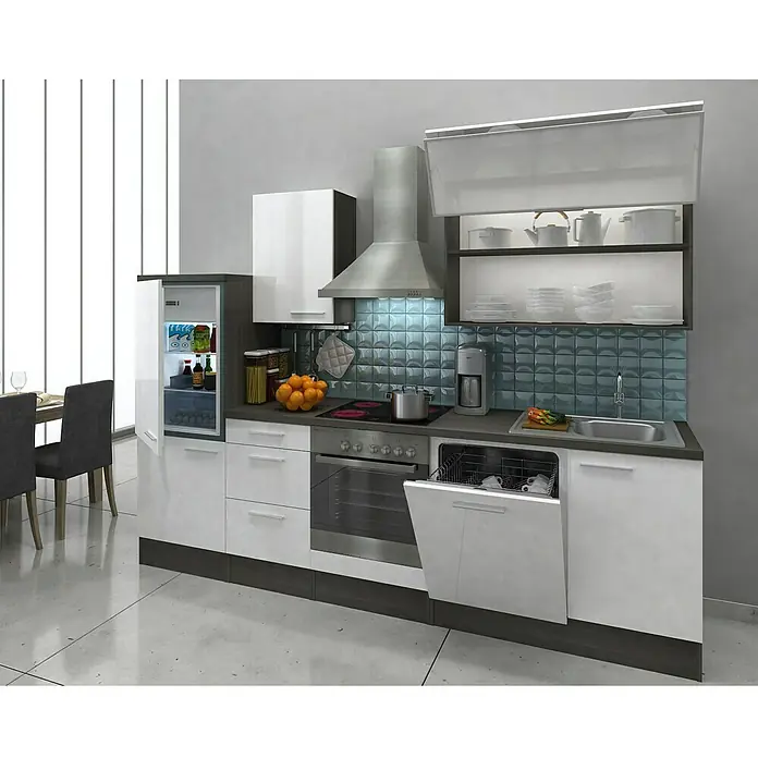 Respekta Küchenzeile Premium RP280EWC - L x B x H: 280 x 60 x 200 cm, Eiche Grau-Nachbildung, Weiß Hochglanz