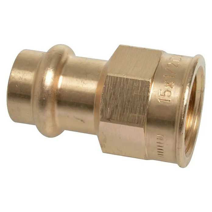 Press-Übergangsmuffe - Durchmesser: 15 mm, Innengewinde: ½″, Presskontur: V - Vorderansicht