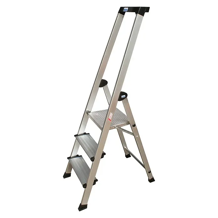 Krause PlusLine Stufenstehleiter Safety - Arbeitshöhe: 2,65 m, Anzahl Tritte: 3 Stufen, Tiefe Stufen: 125 mm, Aluminium - Linke Seitenansicht