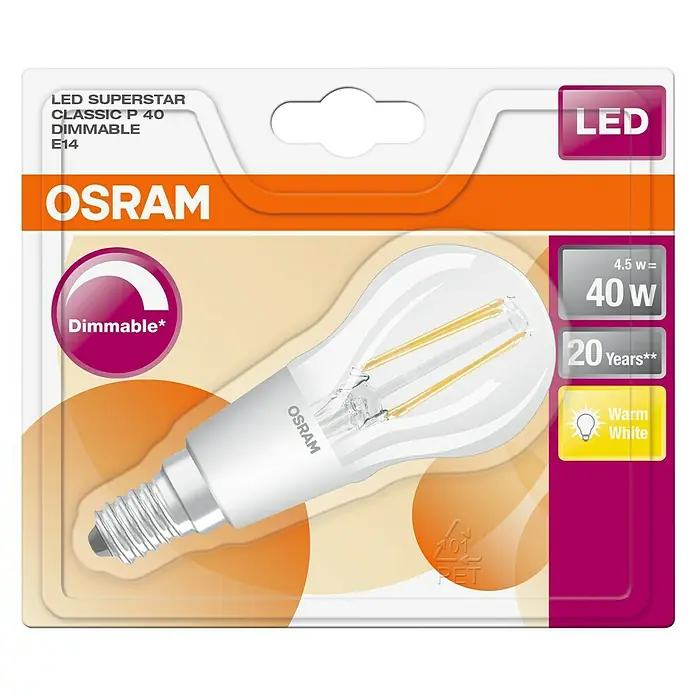 Osram LED žarulja Retrofit Classic P - 4,5 W, E14, Topla bijela, Može se prigušiti, Prozirno - Pogled odozgo