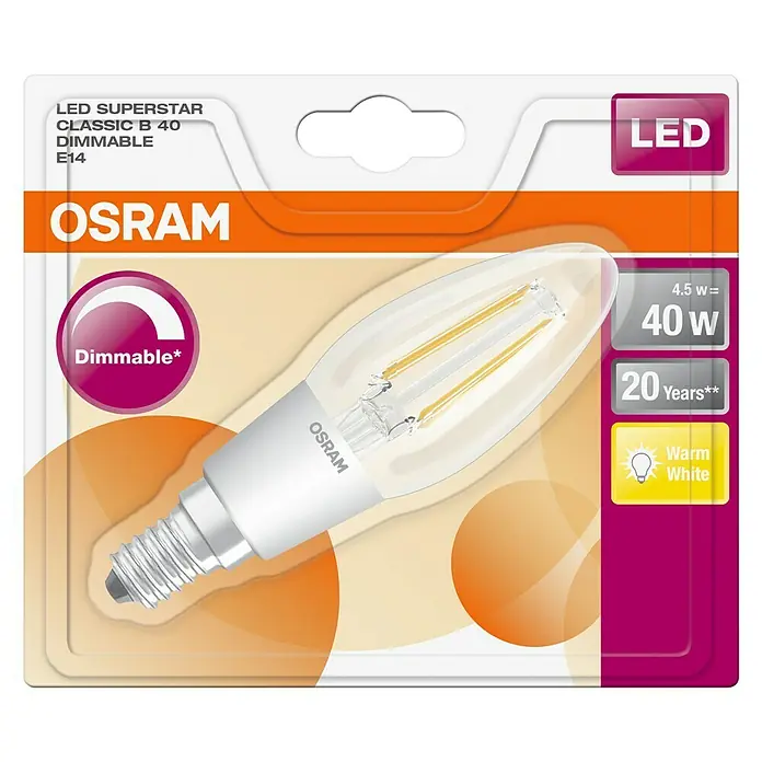 Osram LED žarulja Retrofit Classic B - 4,5 W, E14, Topla bijela, Može se prigušiti, Prozirno - Pogled odozgo