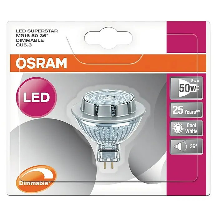 Osram LED reflektorska svjetiljka Superstar MR16 - 7,8 W, Kut svjetlosnog snopa: 36 °, Hladna bijela, Može se prigušiti - Pogled odozgo