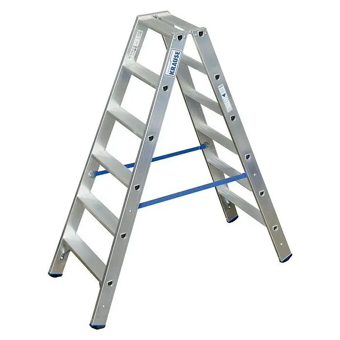 Krause Stabilo Stufen-Doppelleiter - Arbeitshöhe: 2,95 m, Anzahl Tritte: 2 x 6 Stufen, Tiefe Stufen: 80 mm, Aluminium - Linke Seitenansicht