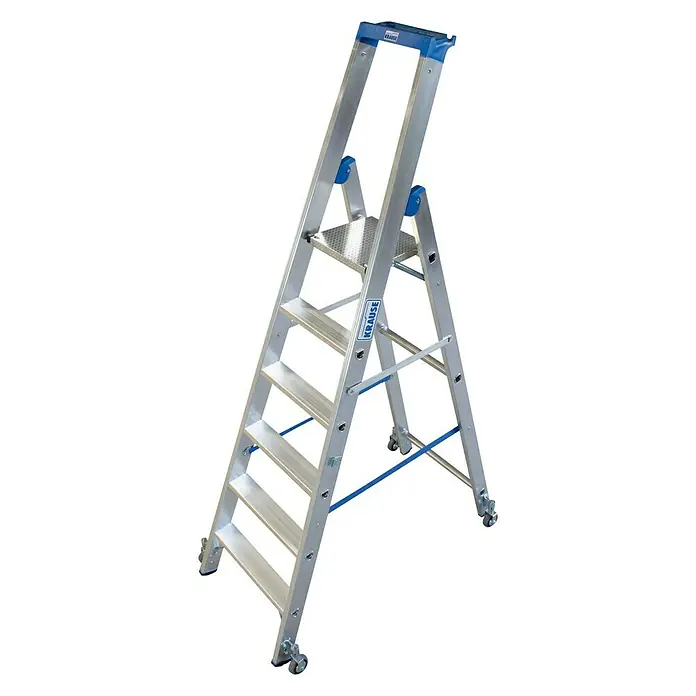 Krause Stabilo Stufenstehleiter Fahrbar - Arbeitshöhe: 3,4 m, Anzahl Tritte: 6 Stufen, Tiefe Stufen: 80 mm, Aluminium, Fahrbar - Linke Seitenansicht