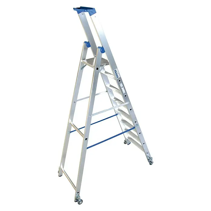 Krause Stabilo Stufenstehleiter Fahrbar - Arbeitshöhe: 3,9 m, Anzahl Tritte: 8 Stufen, Tiefe Stufen: 80 mm, Aluminium, Fahrbar - Rückansicht