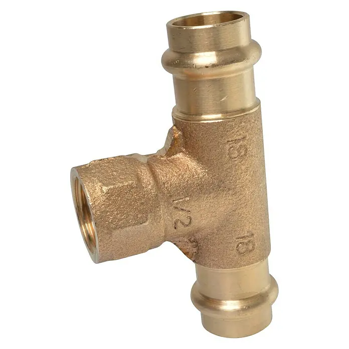 Press-RG-T-Stück - Durchmesser: 18 mm, Innengewinde: ½″, Presskontur: V - Vorderansicht