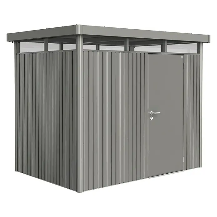 Biohort Gerätehaus HighLine H2 ST - Außenbreite inkl. Dachüberstand: 275 cm, Außentiefe inkl. Dachüberstand: 195 cm, Stahl, Quarzgrau Metallic, Einzeltür - Vorderansicht