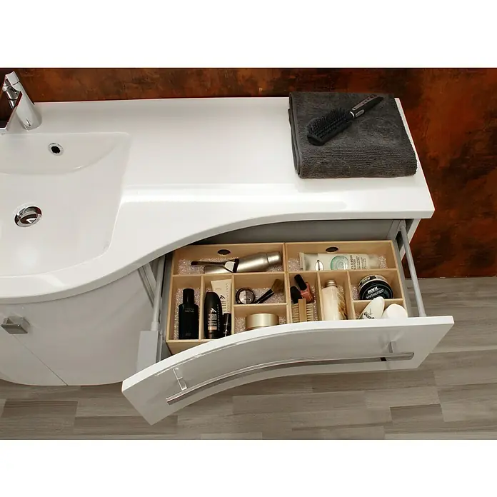 Camargue Wave Waschtischunterschrank - 118,4 x 54 x 49,8 cm, Links, Eiche Maron, Matt - Detailaufnahme