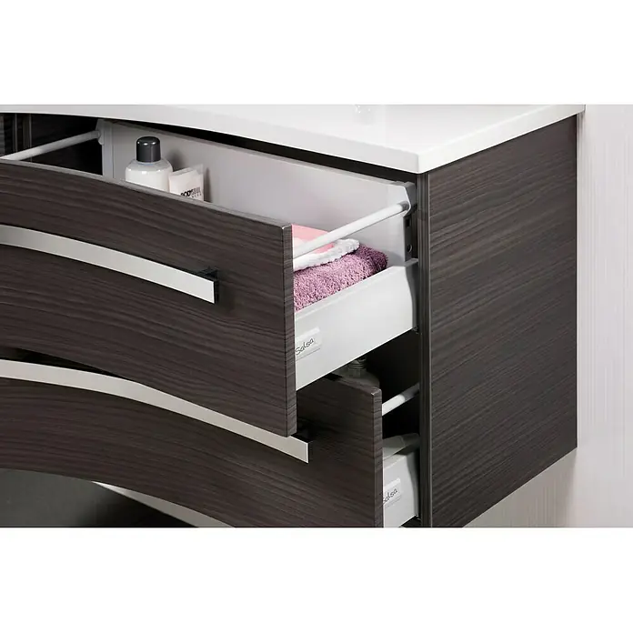 Camargue Wave Waschtischunterschrank - 118,4 x 54 x 49,8 cm, Links, Grafit, Hochglanz - Detailaufnahme