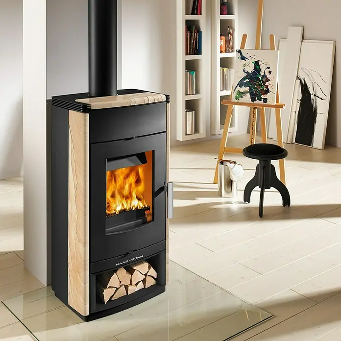 Haas+Sohn Kamin na drva Montegrotto II 305,15 ST - 7 kW, Kapacitet grijanja prostorije: 180 m³, Obloga: Prirodni kamen, Woodstone-biser-crna - Živopisni prikaz