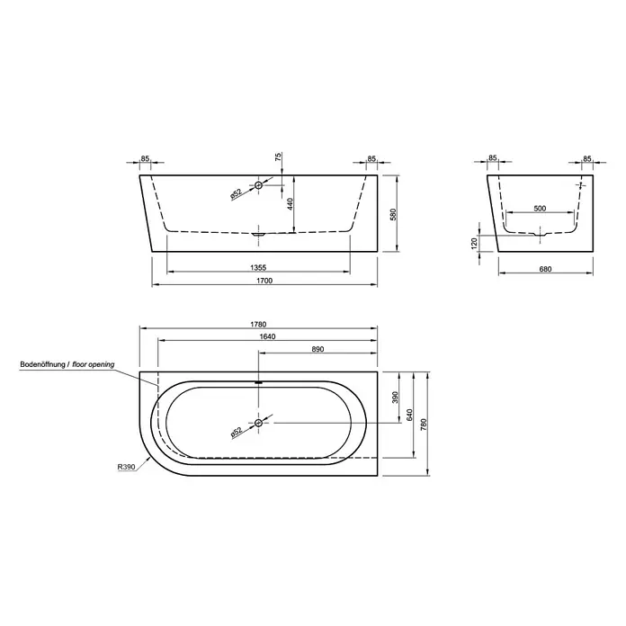 Ottofond Freistehende Badewanne Siesta Corner - Linksseitig, 178 x 78 cm, Sanitäracryl, Weiß - Detailaufnahme