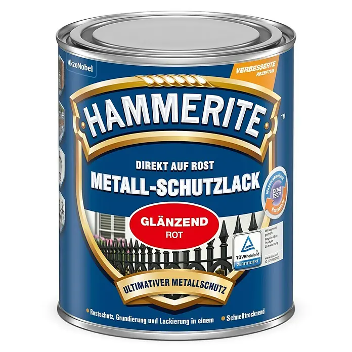 Hammerite Metall-Schutzlack - Rot, 250 ml, Glänzend, Lösemittelhaltig - Vorderansicht