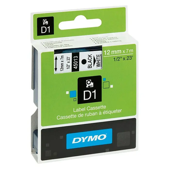 Dymo Beschriftungsband D1 - 7 m x 12 mm, Farbe Druck: Schwarz, Farbe Band: Weiß, Kunststoff - Vorderansicht