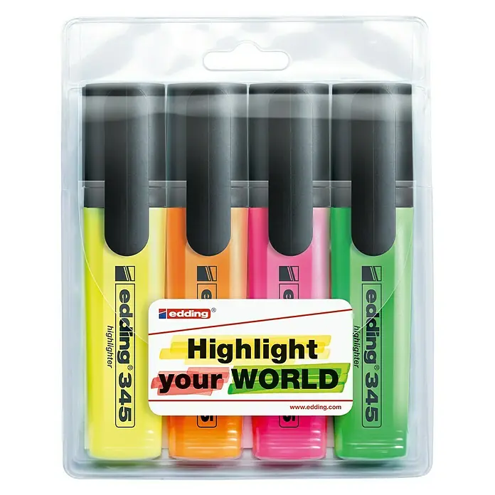 Edding Textmarker 345 - Neongelb/Neonorange/Neonpink/Neongrün, 2 mm - 5 mm - Vorderansicht