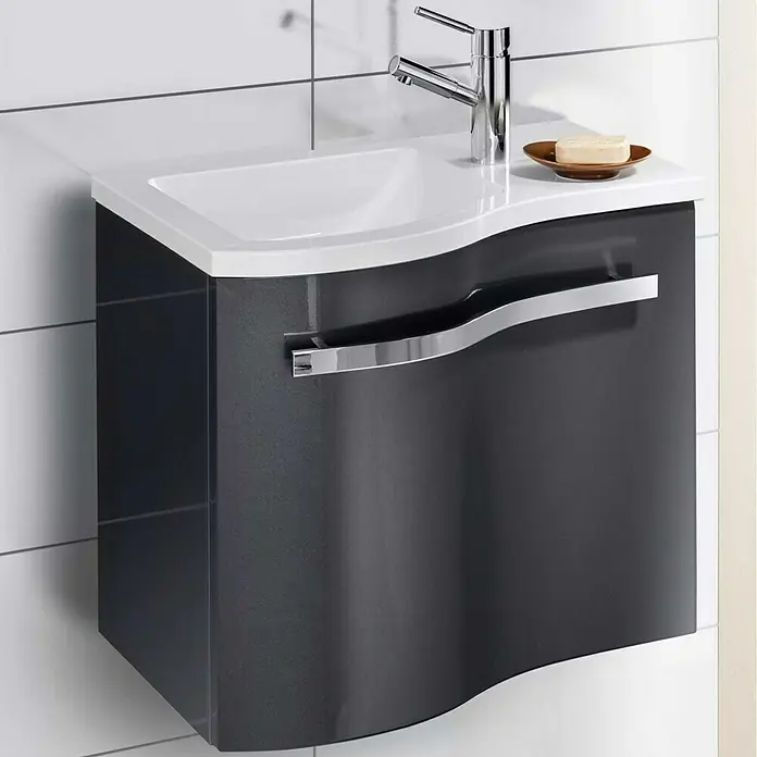 Camargue Wave Mini Waschtischunterschrank - 59 x 39,1 x 49,8 cm, Links, Grafit, Hochglanz - Linke Seitenansicht