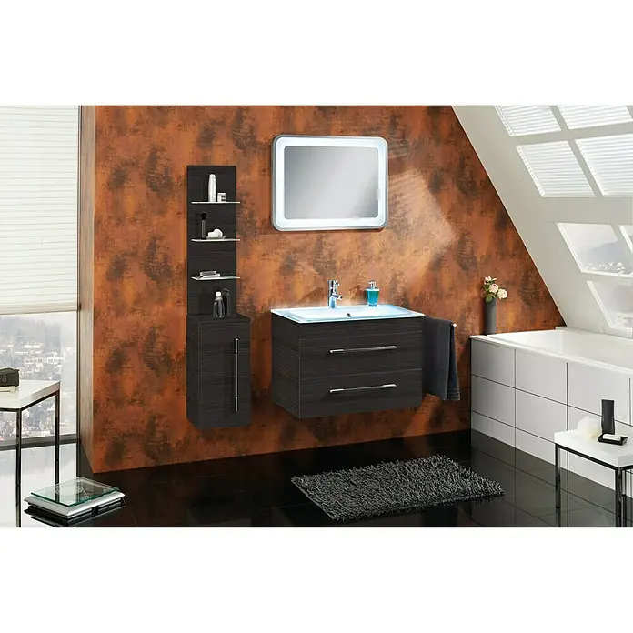 Camargue Stella Waschtischunterschrank - 79,4 x 48,9 x 39 cm, 2 Schubkästen, Mit Beleuchtung, Darkoak - Stimmungsaufnahme