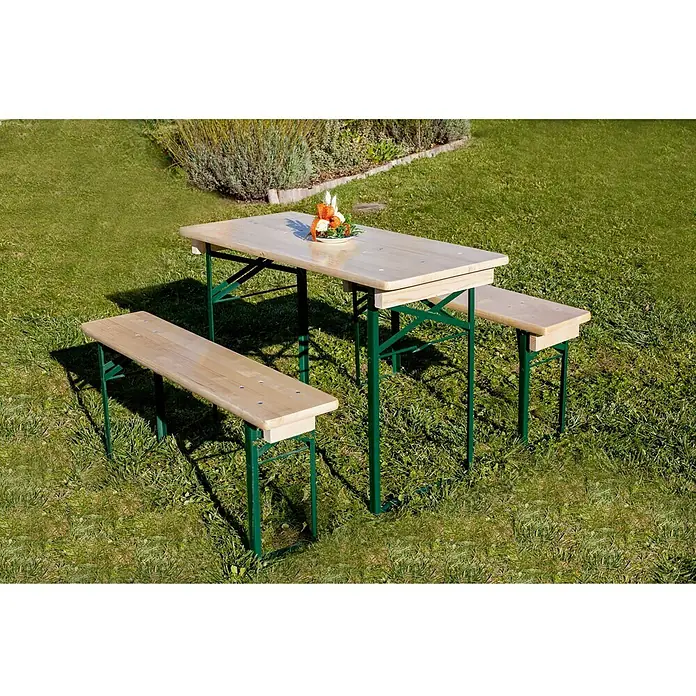 Bierzeltgarnitur - 3 -tlg., L x B x H: 110 x 50 x 75 cm, Natur, Grün