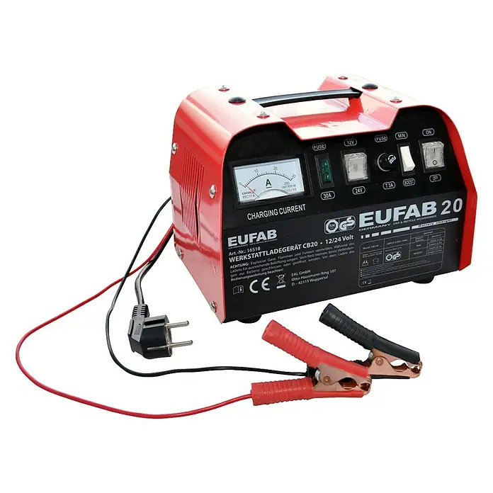Eufab Batterie-Ladegerät CB20 - Geeignet für: Bleibatterien, 5,5 A (12V); 8,5 A (24 V) - Vorderansicht