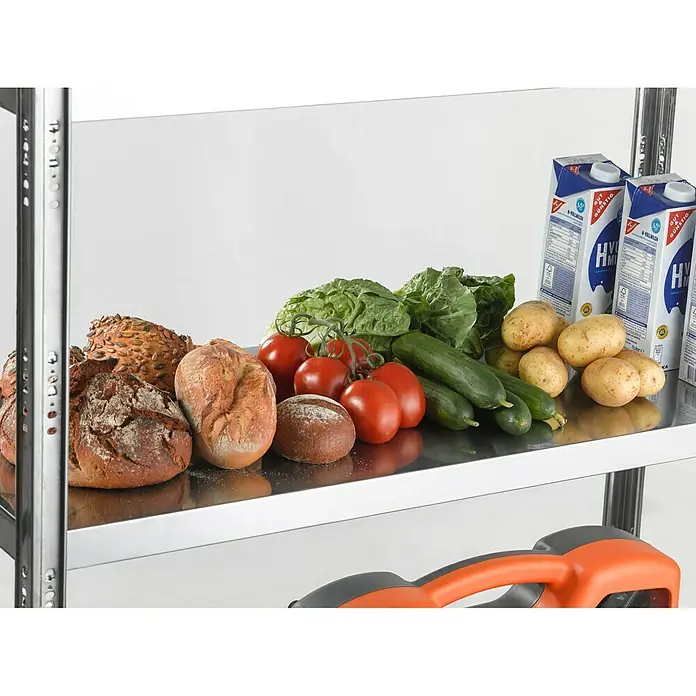 Regalux Metallregal INOX - L x B x H: 40 x 100 x 187 cm, Edelstahl, Traglast: 80 kg/Boden, Stecken - Vorderansicht