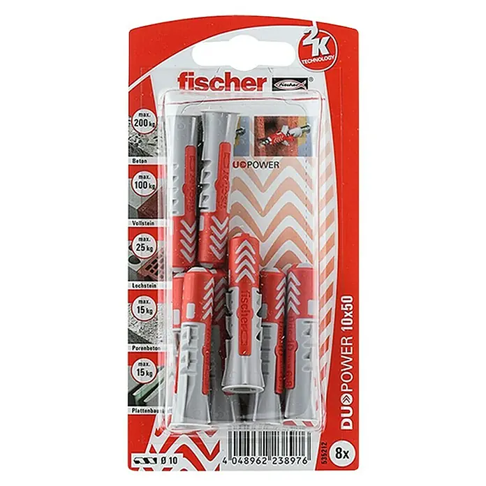 Fischer Universaldübel Duopower - Durchmesser Dübel: 10 mm, Länge Dübel: 50 mm, 8 Stk., Mit Rand, Alle Baustoffe - Vorderansicht