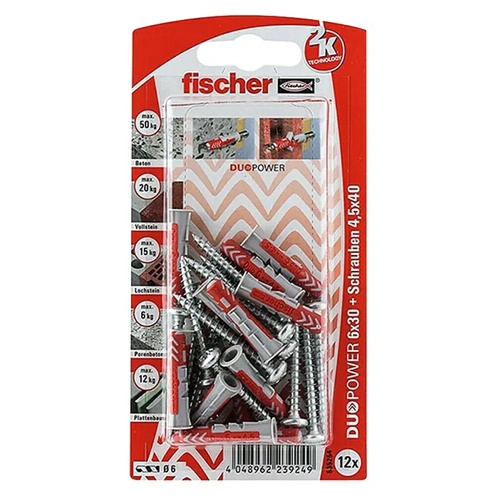 Fischer Dübel- & Schraubenbox Duopower - Durchmesser Dübel: 6 mm, Länge Dübel: 30 mm, 12 Stk., Panheadschraube - Vorderansicht