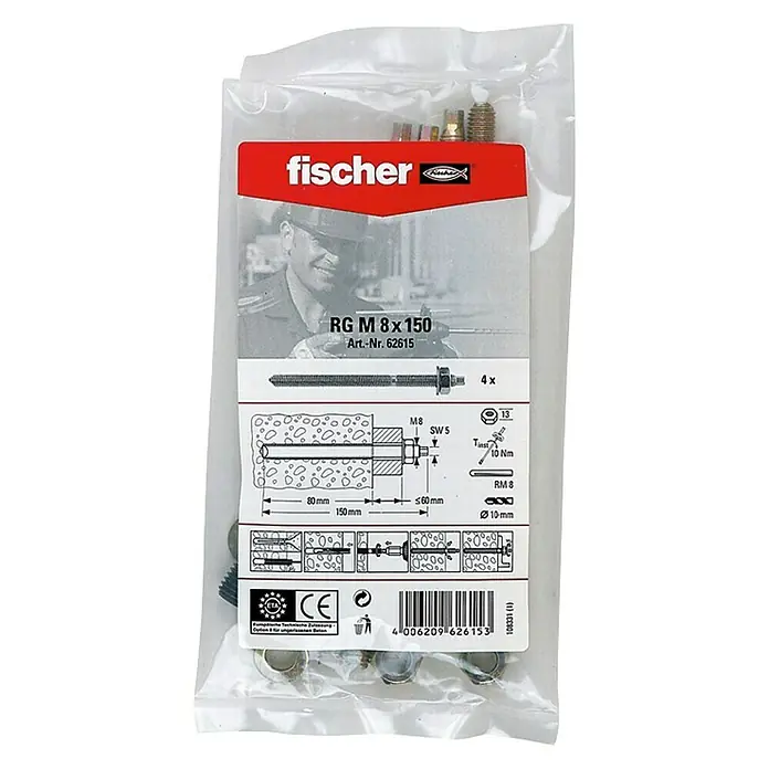 Fischer Gewindestangen RGM - M8, Länge: 15 cm, 4 Stk. - Vorderansicht