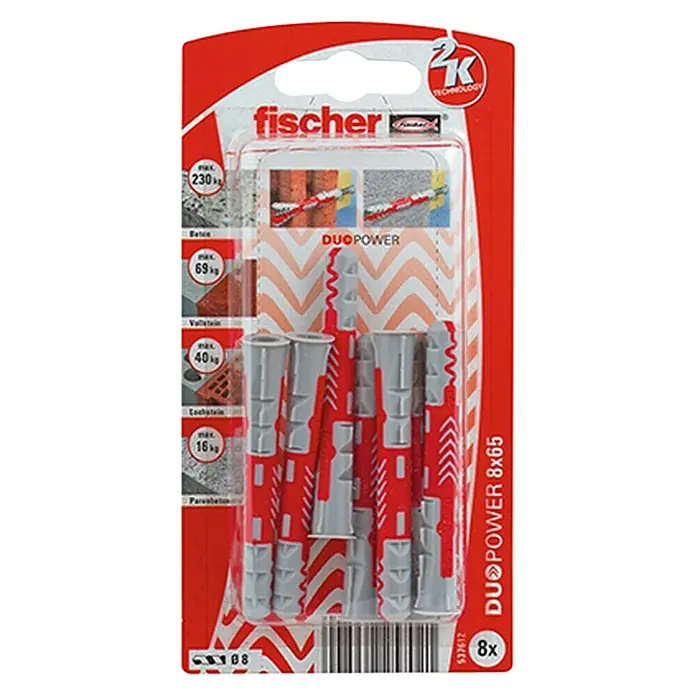 Fischer Universaldübel Duopower - Durchmesser Dübel: 8 mm, Länge Dübel: 65 mm, 8 Stk., Mit Rand, Alle Baustoffe - Vorderansicht
